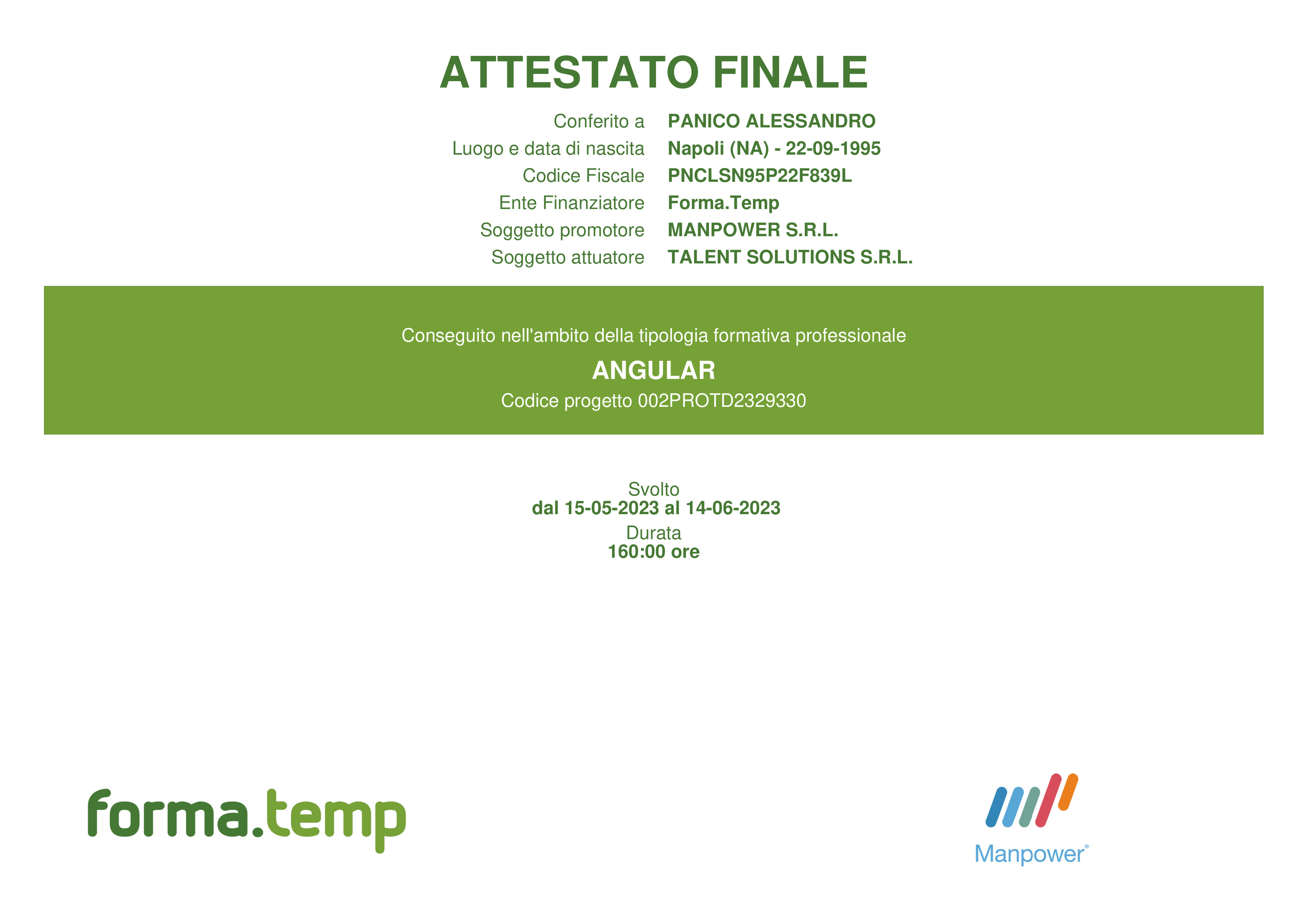 Attestato angular